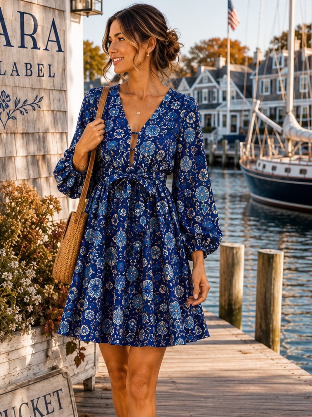 NWT,Clara The Label Blue Floral Block Print Cotton Belted Boho Dress Size XS